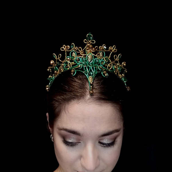 Ballet headpiece - tiara: gold teal wires, faceted crystals, filigree pieces - green ballet tiara - Bayadere, Odalisque, Esmeralda