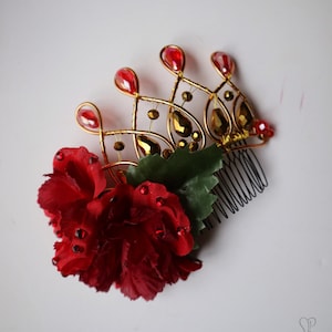 Ballet headpiece LUCIA - Spanish peineta: gold wires, teardrop crystals, red flowers - Paquita, Kitri, Bridesmaid, Don Quixote, Feria Abril