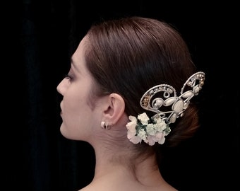 Ballet headpiece - peineta: silver wires, teardrop faux pearls, gold/silver faceted crystals - Paquita, Kitri, bridesmaid - ballet peineta