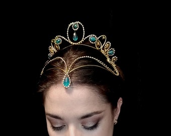 Ballet headpiece 'ELORA'- customizable tiara: gold/silver, AB crystal chain, crystals in various colours- Odalisque, Medora, Aspicia, Nikiya