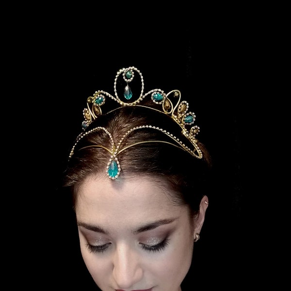 Copricapo da balletto 'ELORA'- tiara personalizzabile: oro/argento, catena di cristalli AB, cristalli in vari colori- Odalisca, Medora, Aspicia, Nikiya