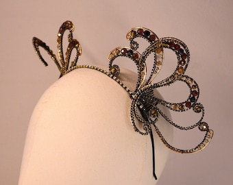 Fantasy headpiece ANTENNAE - black/gold wires &crystals, strass chain - whimsy goth fairy, dragonfly wings