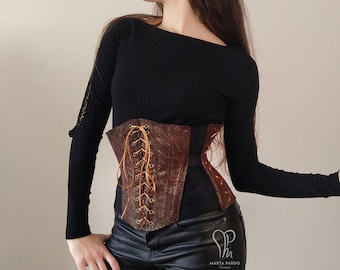 Corset - leather waist cincher, elastic inserts, steel bones - front lacing, steampunk underbust, brown gold waist belt, goth cincher