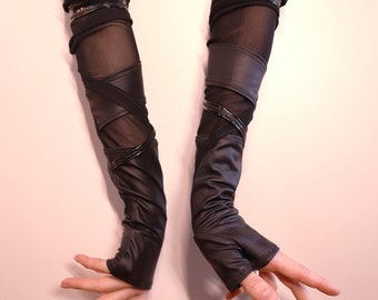 Mittens SHRED - black mesh & pleather with crisscrossed straps - Maleficarum - fingerless gloves, gothic steampunk, villain queen