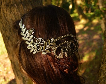Diadema élfica OLASSE, talla personalizada, unisex, alambre plateado y hojas, para boda élfica medieval, corona de hadas.