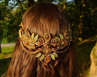 Elven circlet ALAMIRA ooak - gold & green, glass leaves - medieval fantasy wedding, fairy headpiece