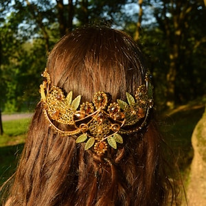 Elven circlet ALAMIRA ooak- gold & green leaves fairy tiara - medieval fantasy bridal crown, fairycore wedding headpiece