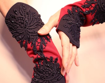 Mittens - red & black knit, guipure lace, rhinestones - Maleficarum - fingerless gloves, gothic steampunk, dark fairy, villain queen