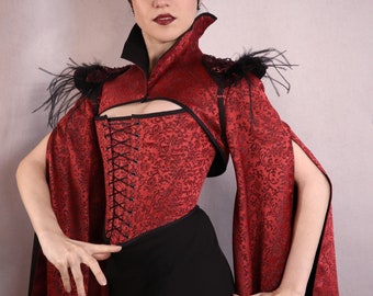 Bolero, customizable - red/black brocade, fully lined - Maleficarum - evil queen jacket, gothic steampunk, villain costume, Maleficent