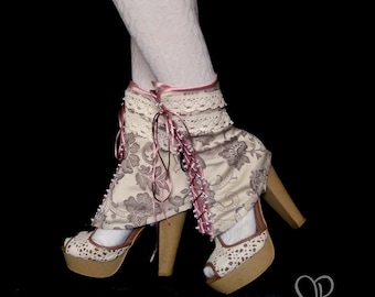 Steampunk spats - beige purple brocade, pink accents, bobbin lace trim - steampunk footwear, Victorian steampunk, pink spats, bridal spats