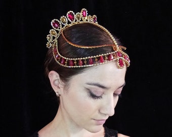 Ballet tiara LEYRE -gold wires, red cabochons & crystals, AB strass chain -bellydance stage costume crown, Nikiya Gamzatti Nutcraker