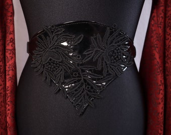 Waist belt - black vinyl, guipure lace - Maleficarum - Swiss waist, gothic steampunk, dark fairy, villain queen