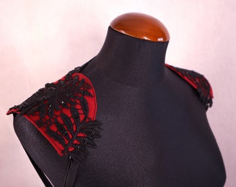 Epaulettes - red & black knit, guipure lace, rhinestones - Maleficarum - gothic steampunk, dark fairy, villain queen - 1 pair