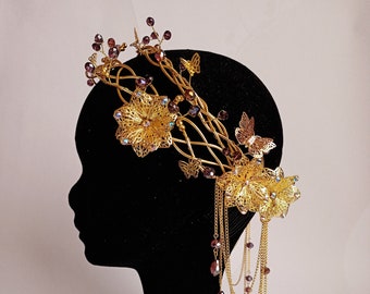 Fantasy headpiece ZOE two ways -gold wire base, purple crystals, butterflies & flowers -fairy bride tiara, celtic braid jewelry