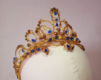 Ballet headpiece ooak- gold wires, faceted royal blue, opaque gold and translucent AB gold crystals - Aspicia, Medora, Raymonda