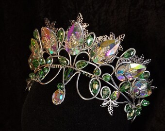 Fantasy tiara ALBA - iridescent rhinestones, translucent crystals, silver filigree -fairy queen, fairytale starlight crown