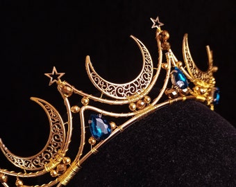 Fantasy Tiara MONA - goldene Monde und Sterne, türkise Kristalle -Mond Hexe Kopfschmuck, Meerjungfrauenkrone, Feenkönigin