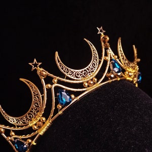 Fantasy tiara MONA customizable: gold moons and stars, teal/red/black crystals -moon witch headpiece, mermaid crown, fairy queen