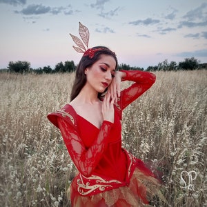 Sample corset costume FIRE FAIRY red corset costume, bodysuit with epaulettes, fairy cosplay - firebird, red gold corset, fire corset