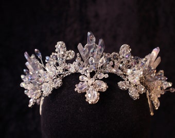 Crown HELA - silver wires, natural white quartz, faceted translucent AB crystals - Maleficarum - Elsa tiara, ice queen, white witch