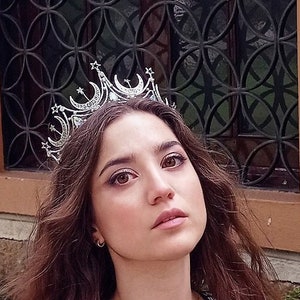 Fantasy tiara MONA - silver moons and stars, iridescent crystals -moon witch headpiece, zodiac constellations night queen crown
