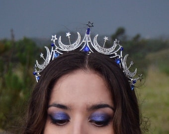 Fantasy tiara MONA - silver moons and stars, royal blue crystals -moon witch headpiece, zodiac constellations night queen crown