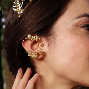 Ear cuffs LIMNATIS - dainty gold leaves & flowers, freshwater pearls -Ancient Greece goddess earrings, fairy jewelry -ARTEMIS collection