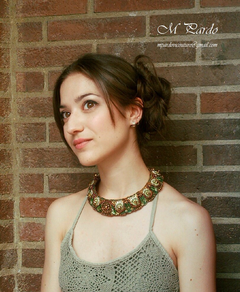 Necklace Bead Embroidery Green Antique Gold Bead Etsy