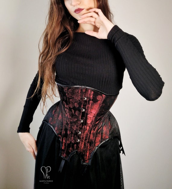 Corset Custom Size, Made to Order Edwardian Underbust, Black Red Silk  Brocade. Burlesque Waist Trainer, Goth Steampunk S-bent 
