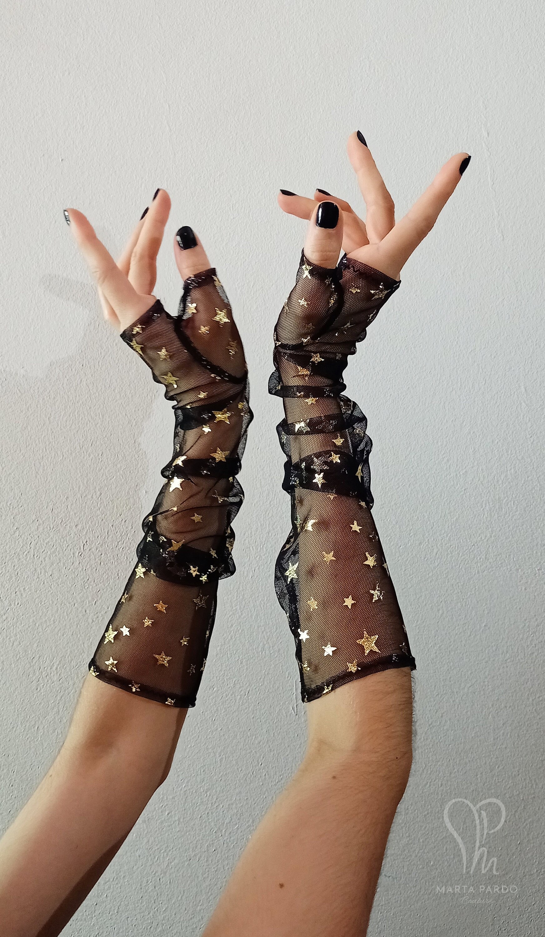 Mittens: Gold Stars - Fingerless Gloves in Black Tulle, Gold Foil