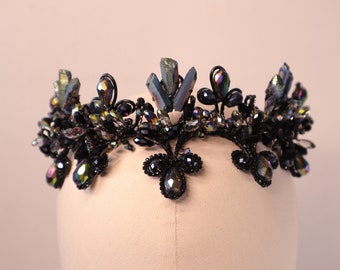 Crown HELA - black wires, natural quartz, faceted black and translucent AB crystals - Maleficarum - evil queen, Maleficent, goth bride