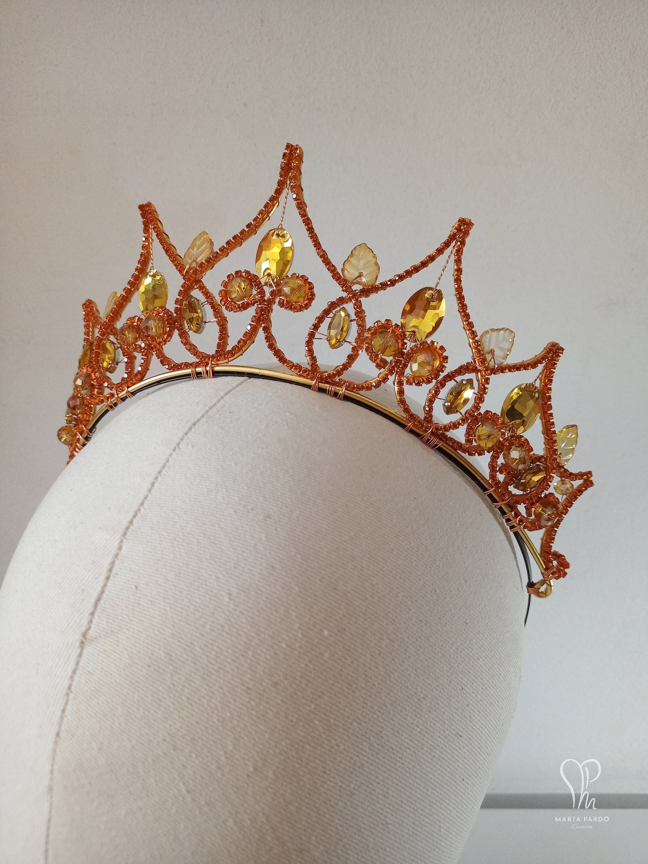 Fantasy Tiara LEVEN - Orange Crystals, Gold Wire, Amber Glass