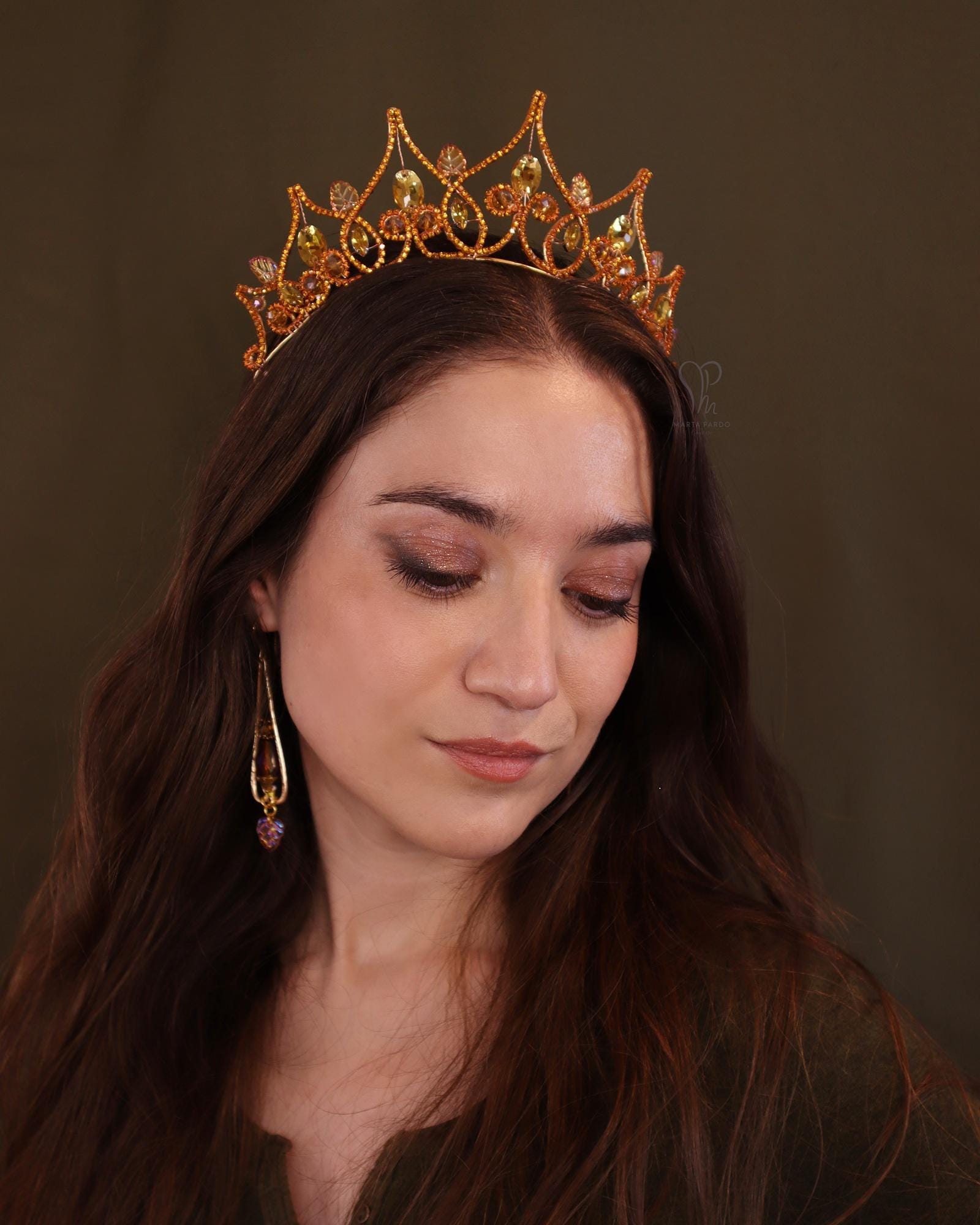 Fantasy Tiara LEVEN - Orange Crystals, Gold Wire, Amber Glass