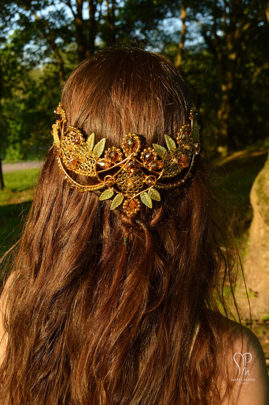 Elven Circlet ALAMIRA Ooak - Gold & Green, Glass Leaves 