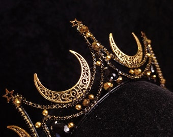 Vintage Black Crescent Moon & Star Tiara Moon Goddess Crown. Stars and Moon Tiara. Gothic Black and  main image 2