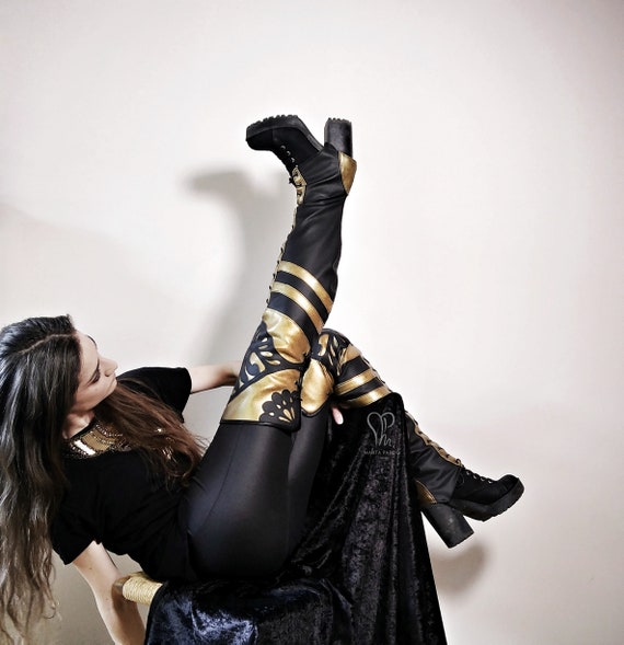 black gold pleather thigh high spats Spats female armor goth spats Ancient Egypt greaves Shoes Womens Shoes Boots Booties & Ankle Boots Wonder Woman thigh high boots 
