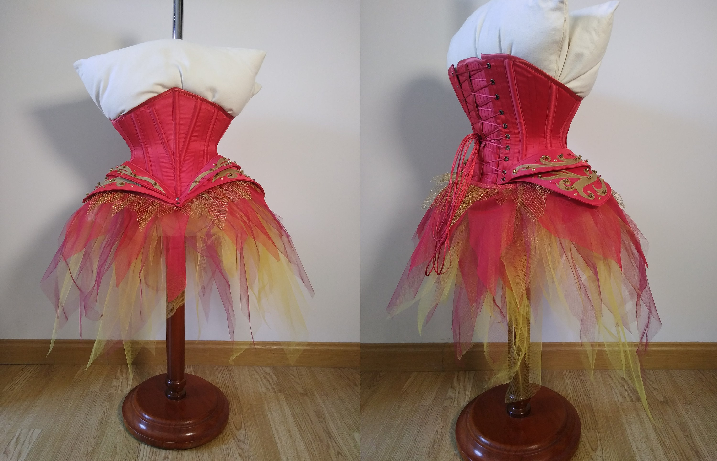 Sample Corset Costume Fire Fairy - Red & Gold, Including Bodysuit with Epaulettes - Fantasy Cosplay, Firebird