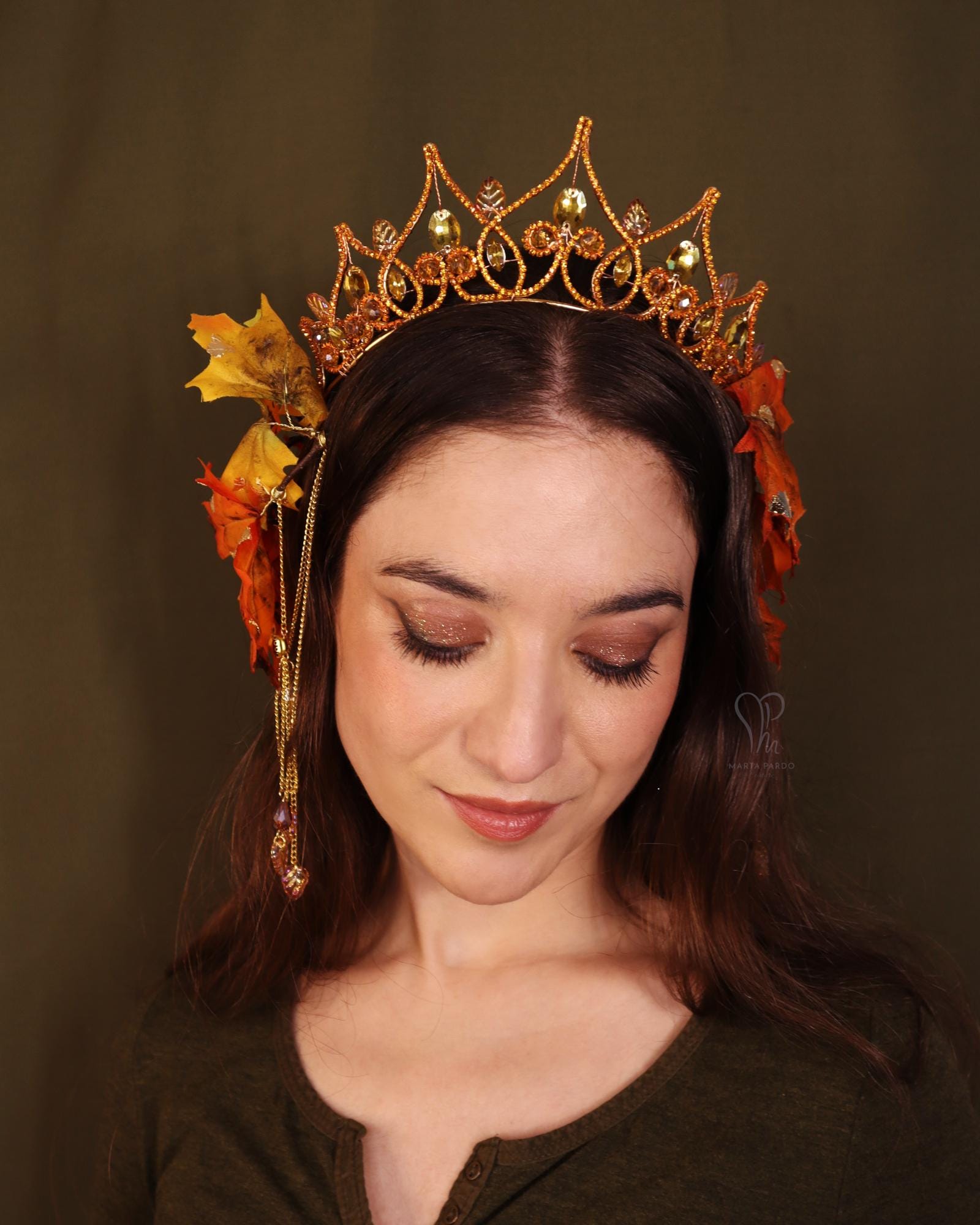 Fantasy Tiara LEVEN - Orange Crystals, Gold Wire, Amber Glass