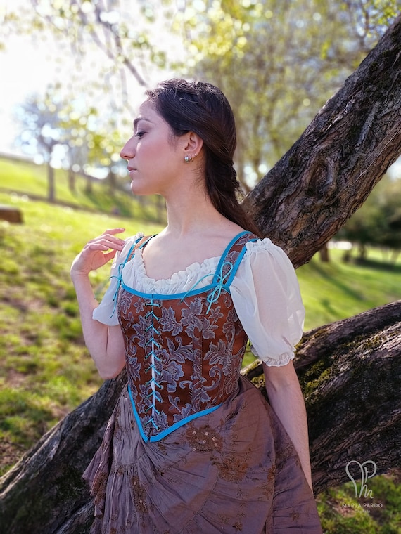 Brown Brocade Steampunk Corset with Chains for Women