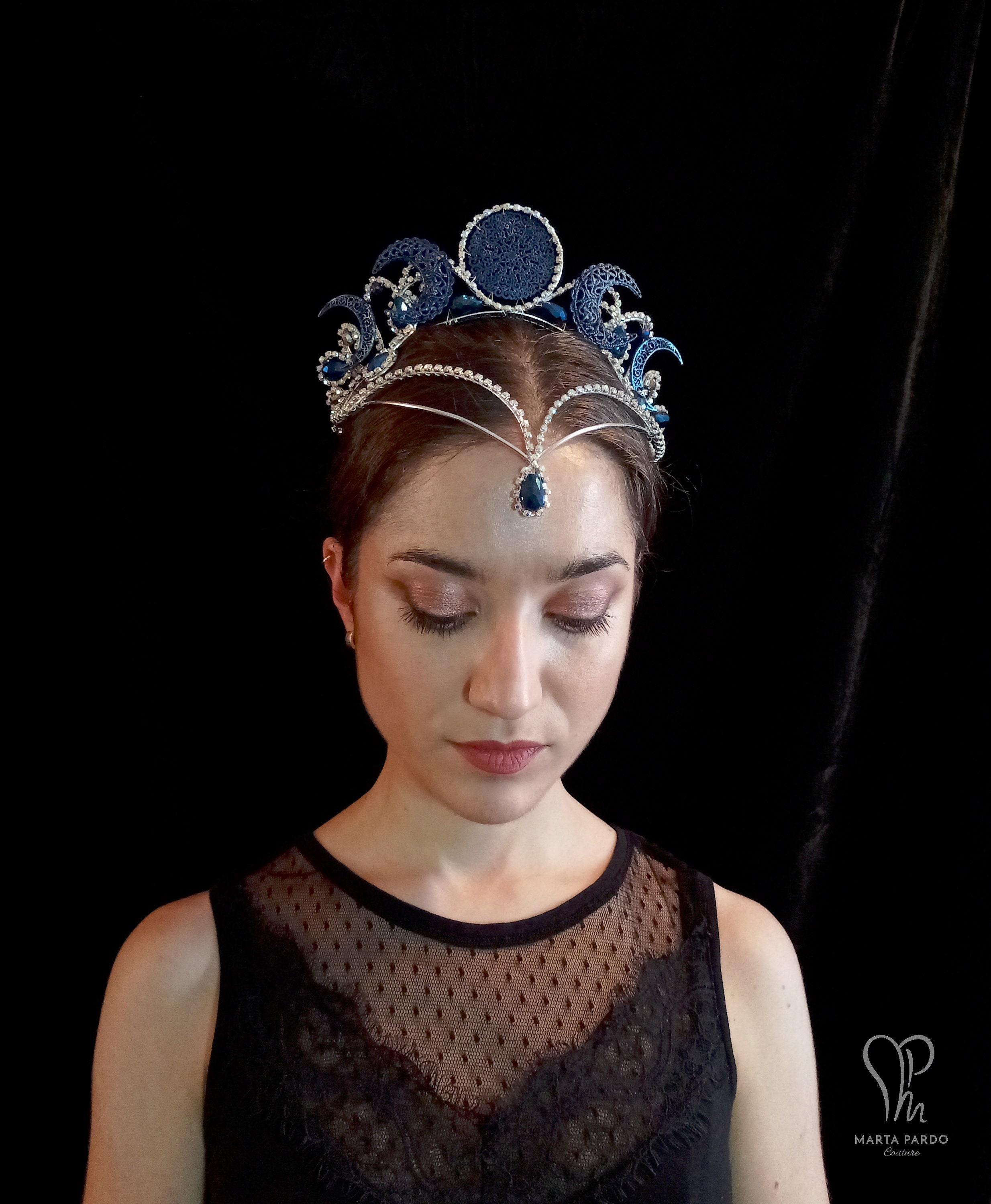 Fantasy Headpiece ELORA MOON - Silver Wire, Midnight Blue 