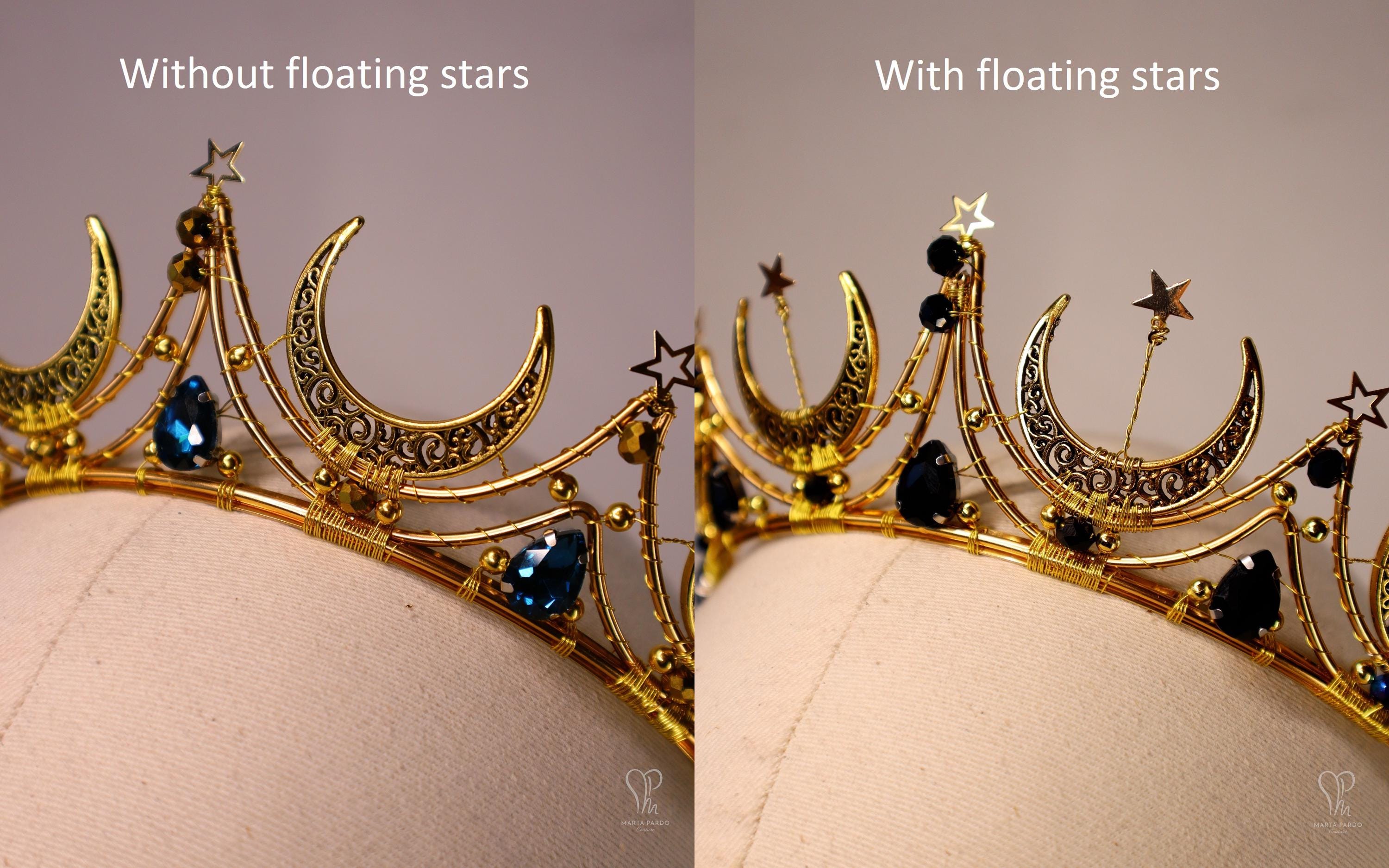 ファンタジーティアラ MONA カスタマイズ可能: 金色の月と星、青緑赤黒のクリスタル - 月の魔女のヘッドピース、人魚の王冠、妖精の女王 -  Etsy 日本