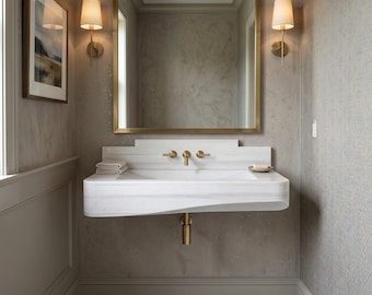 Handmade Carrara Marble Floating Sink, Wall Mounted Bathroom Vanity, Luxury Natural Stone Powder Room Sink