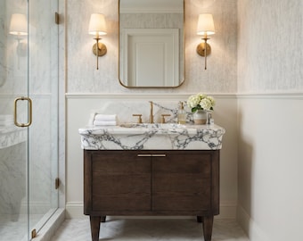 Solid Walnut Wood Bathroom Vanity with Calacatta Marble Sink | Luxury Custom Handmade Natural Stone Bathroom Vanity Cabinet