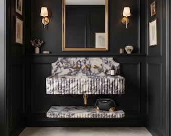 Calacatta Viola Marble Wall Mounted Sink with Shelf, Fluted Floating Bathroom Vanity, Handmade Luxury Natural Stone Powder Room Basin