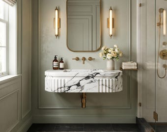 Calacatta Viola Marble Wall Mounted Sink, Fluted Floating Bathroom Vanity, Luxury Natural Stone Powder Room Basin, Handmade Marble Sink