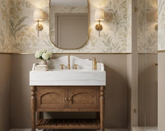 Solid Walnut Wood Bathroom Vanity with Carrara White Marble Sink | Custom Luxury Handmade Natural Stone Powder Room Vanity Cabinet