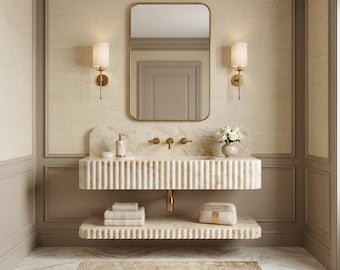 Handmade Gold Marble Wall Hung Sink with Shelf, Fluted Floating Vanity, Luxury Natural Stone Bathroom Basin for Powder Room Decor