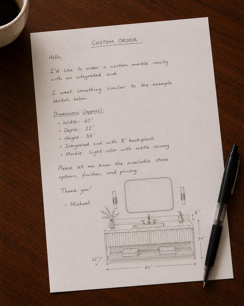 May include: A white sheet of paper with a handwritten custom order for a marble vanity. The text includes dimensions of 60 inches wide, 22 inches deep, and 34 inches high, with an 8-inch backsplash. A pencil sketch shows the vanity design.