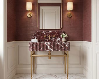 Rosso Levanto Marble Sink with Solid Brass Console Legs | Custom Luxury Handmade Fluted Natural Stone Bathroom Sink for Powder Room