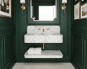 Carrara Marble Wall Mounted Bathroom Sink with Floating Shelf, Handmade Natural Stone Bathroom Vanity, Luxury Powder Room Sink